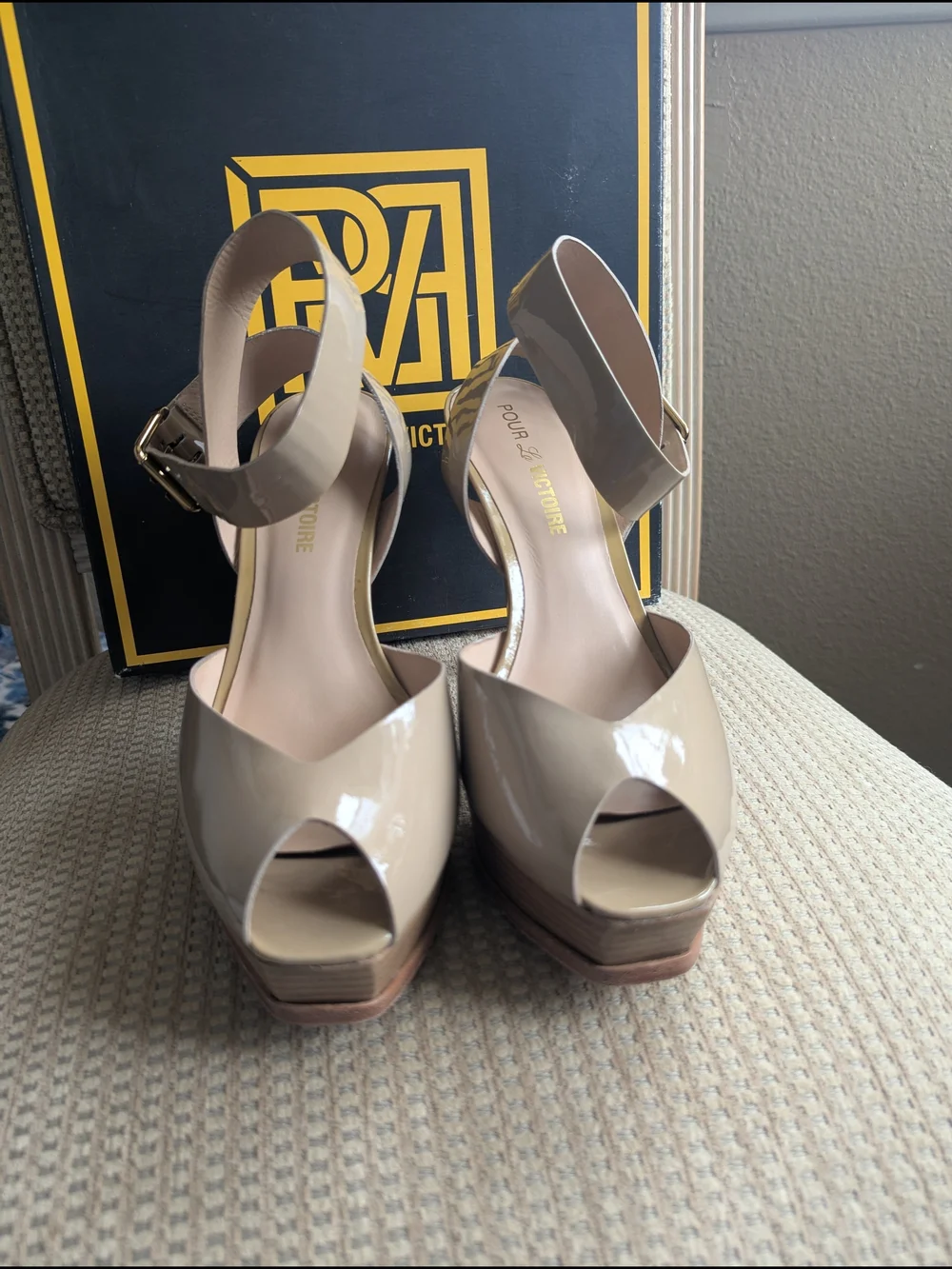 Pour La Victoire Beige Patent Platform Sandal with Ankle Strap